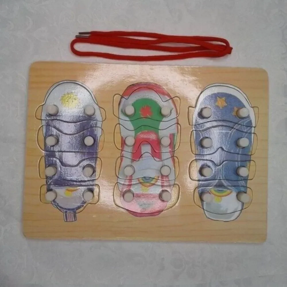 Wooden Shoe Tie Lacing Threading Board Matching Puzzle Educational Preschool Toy